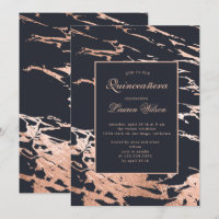 rose or faux feuille marbre Quinceanera Invitation