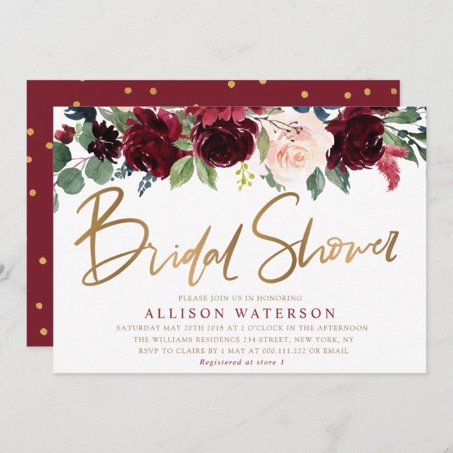 Rose or script burgundy nuptiale invitation (Devant / Derrière)