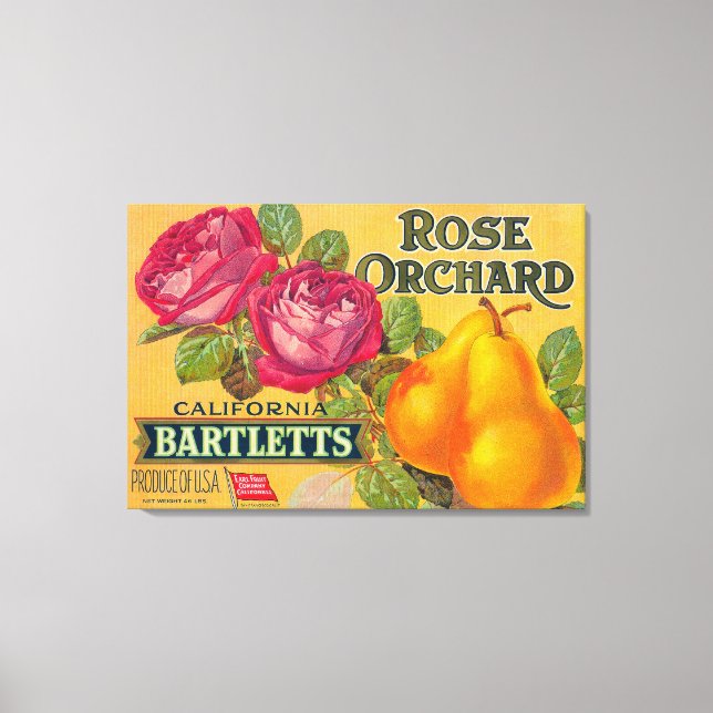 Rose-Orchard-Birnenkorb-Etikett Leinwanddruck (Vorderseite)