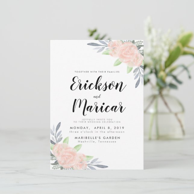 Rose Pâle & Floral Gris | Invitation de Mariage (Debout devant)