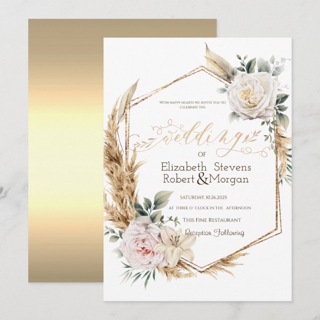 Rose Pampas Grass Gold Rahmen Hochzeit Einladung (Vorne/Hinten)