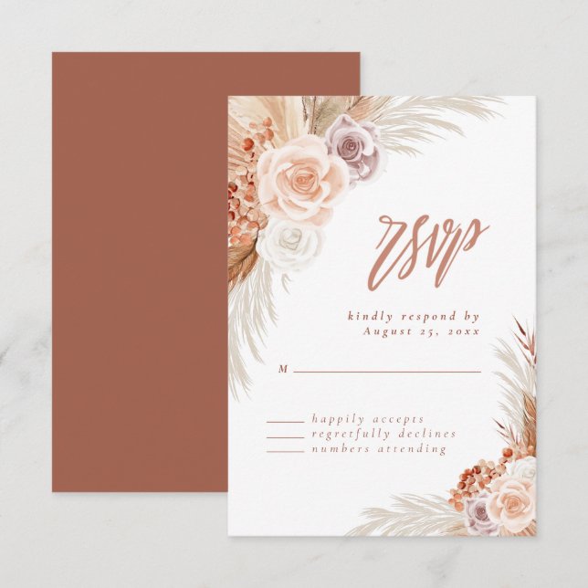 Rose Pampas Terracotta Boho Wedding RSVP Karte (Vorne/Hinten)