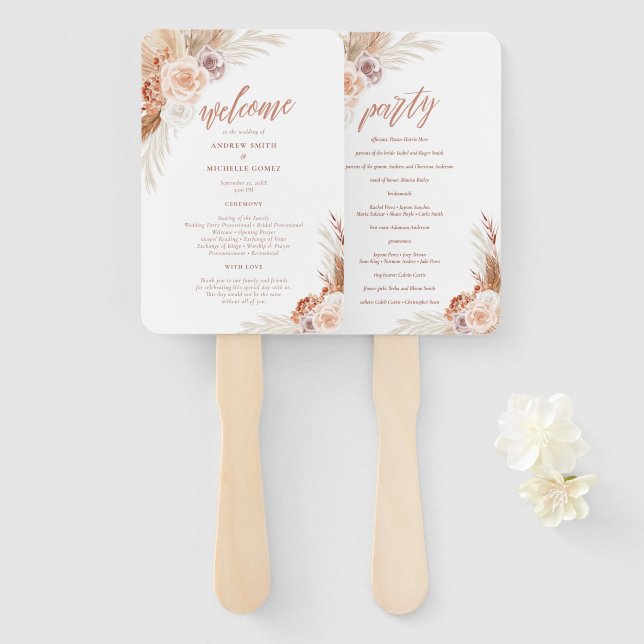 Rose Pampas Terracotta Palm Wedding Programm Fächer (Vorne und Hinten)