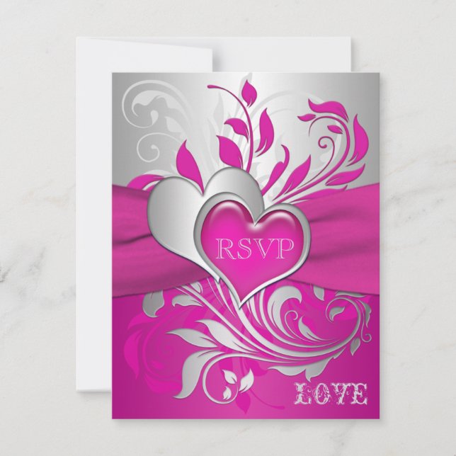 Rose, Parchemins Argentés, Cartes RSVP à Coeurs (Devant)