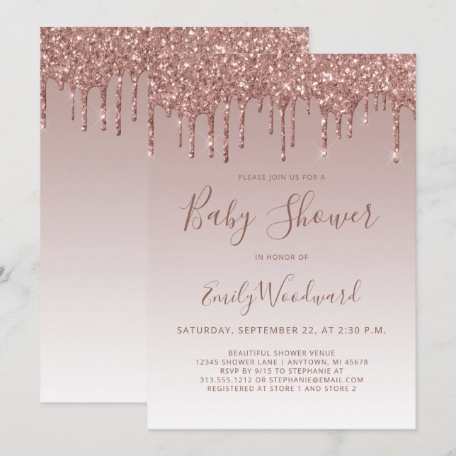 Rose Parties scintillant or Invitation Baby shower (Devant / Derrière)