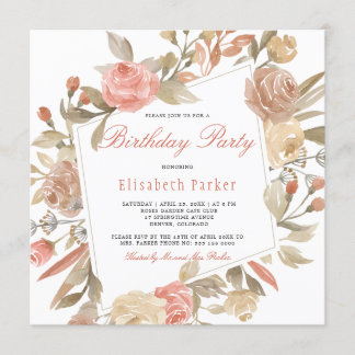 Rose Peach Cream Floral Geburtstagsparty Einladung