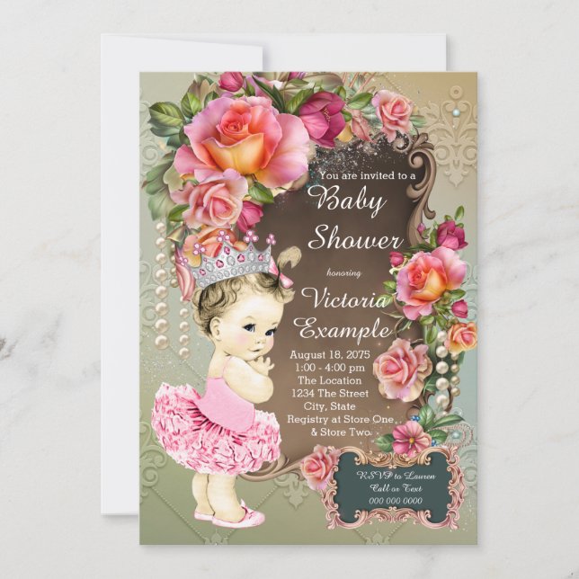 Rose Pearl Tutu Princess Baby Dusche Einladung (Vorderseite)