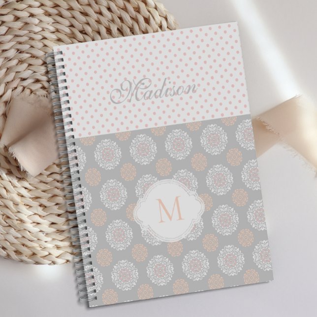 Rose Pêche Gris Points Monogramme Tendance (Créateur téléchargé)