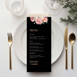 Rose Peony-Blume auf der Black Menu-Karte Menükarte<br><div class="desc">Diese Menükarte wurde für die Koordination mit unserer Peony Rose Collection entworfen und verfügt über wunderschöne Rose- und Peony-Bouquets auf schwarzem Hintergrund mit klassischem Text. Die lebhaften Farben der Rose auf schwarzem Hintergrund machen das Kartenauge einzigartig. Für eine erweiterte Anpassung dieses Designs, z.B. das Ändern des Layouts, des Schriftartes oder...</div>