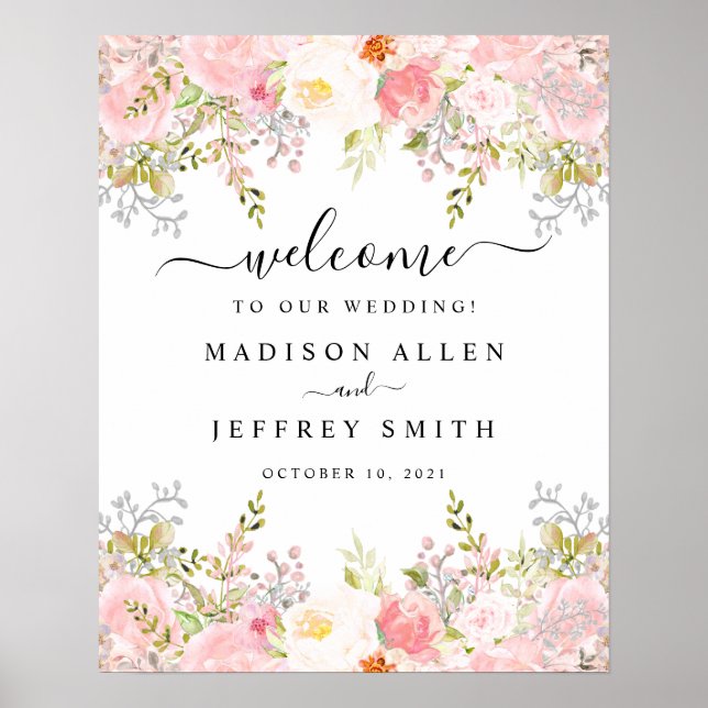 Rose Peony Blush Pink Bläserne Hochzeit Begrüßungs Poster (Vorne)