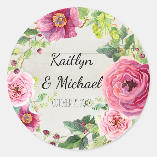 Rose Peony Rustic Gray Wood Floral Wreath Runder Aufkleber (Vorderseite)