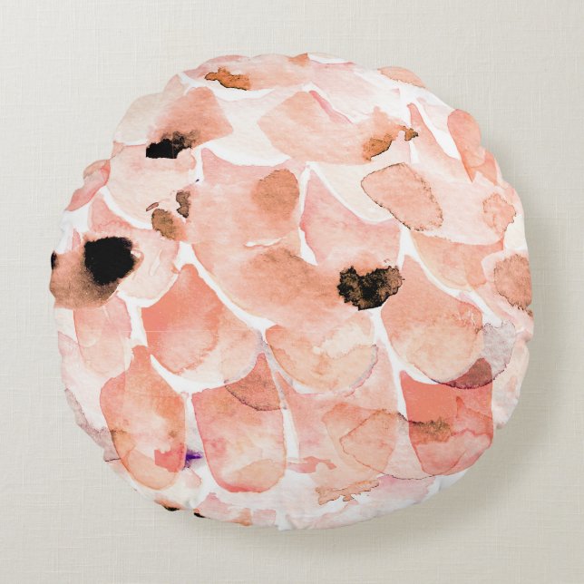 Rose, Peony, und Blätter, Aquarellmuster. Rundes Kissen (Vorderseite)