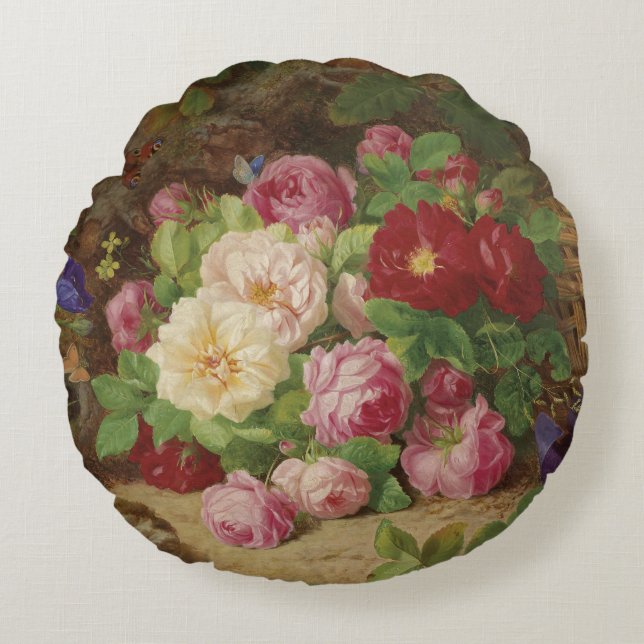 Rose Piece im Waldboden mit Schmetterlingen Rundes Kissen (Vorderseite)