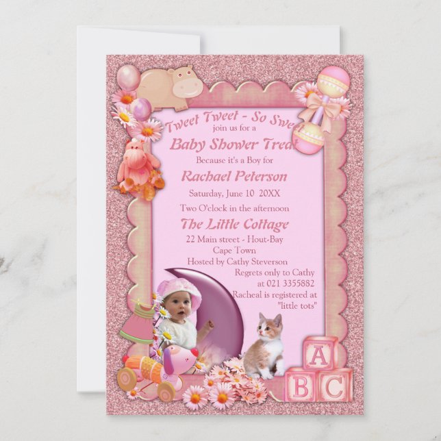 Rose-pink Baby Girl Dusche Tweete Einladung (Vorderseite)