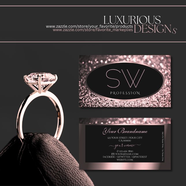 Rose Pink Black Sparkle Glitzer Monogram Visitenkarte (Von Creator hochgeladen)