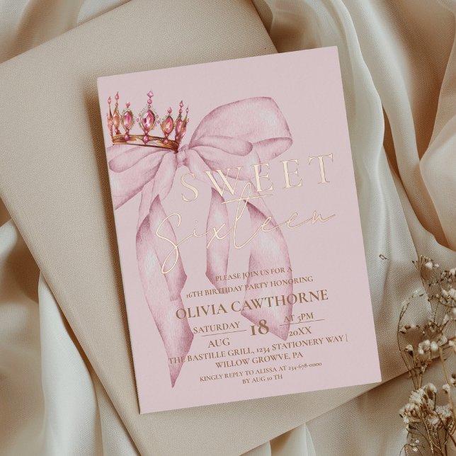 Rose Pink Bow Sweet 16 Folieneinladung (Von Creator hochgeladen)