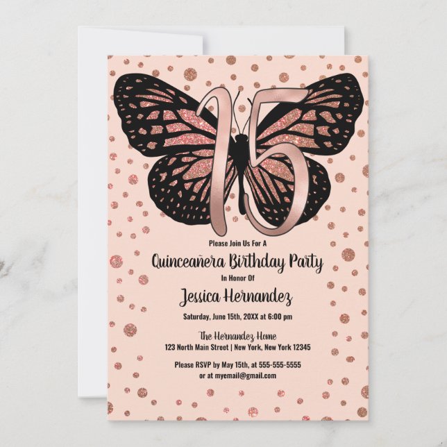 Rose Pink Butterfly Glitzer Confetti Quinceañera Einladung (Vorderseite)