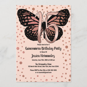 Rose Pink Butterfly Glitzer Confetti Quinceañera Einladung
