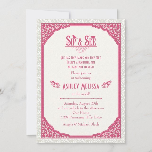 Rose Pink Champagne Lace Sip N See Babydusche Einladung (Vorderseite)
