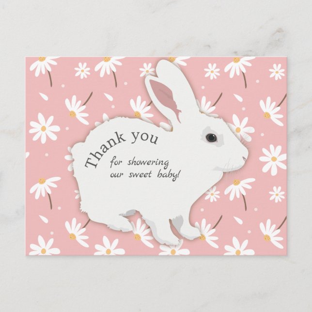 Rose Pink Daisies Bunny Baby Dusche Vielen Dank Postkarte (Vorderseite)