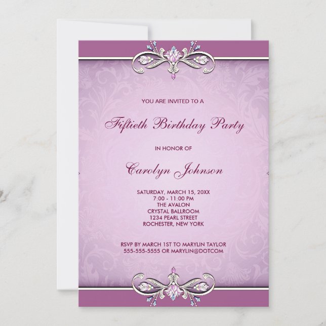 Rose Pink Damask 50th Birthday Party Invitation (Devant)