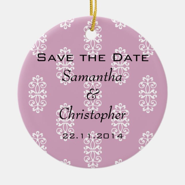 Rose Pink Damask Hochzeit Save the Date Keramik Ornament (Vorne)