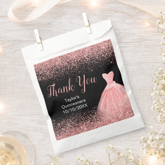 Rose Pink Dress Faux Glitter Quinceanera Geschenktütchen (Ausgeschnitten)