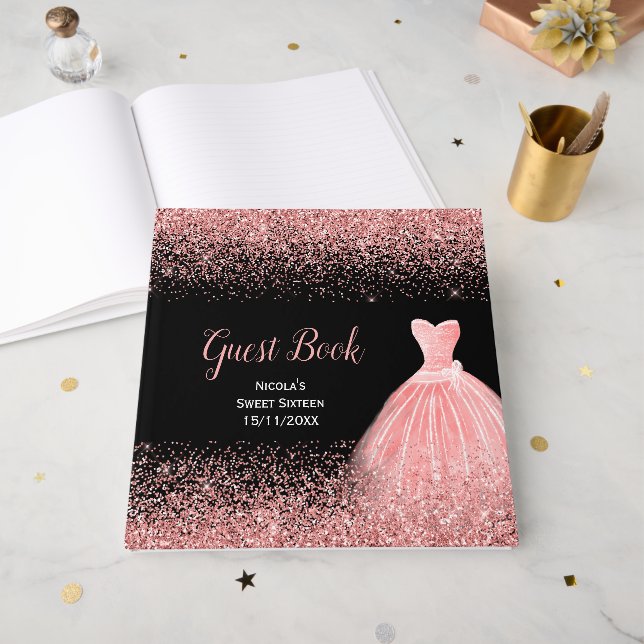 Rose Pink Dress Faux Glitter Sweet 16  Gästebuch (Vorderseite offen)