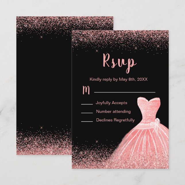 Rose Pink Dress Faux Glitter Sweet Quinceanera RSVP Karte (Vorne/Hinten)