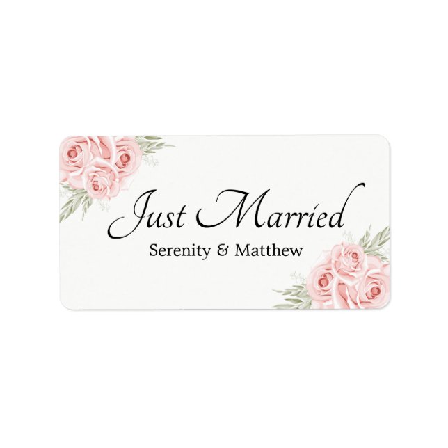Rose Pink Floral Just Married Hochzeit Ankündigung Adressaufkleber (Vorne)