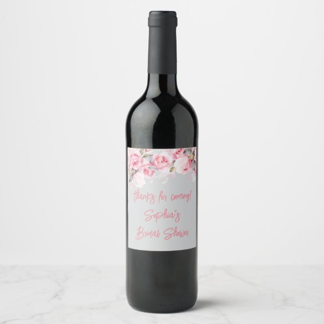 Rose Pink Flowers Floral Gray Shower Favors Weinetikett (Vorderseite)
