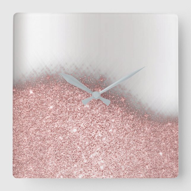Rose Pink Glitter Silver Gray Minimal Metallic Quadratische Wanduhr (Vorderseite)