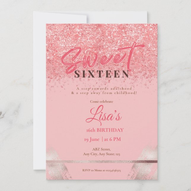 Rose Pink Glitzer 16 . Geburtstag Geburtstag Einladung (Vorderseite)