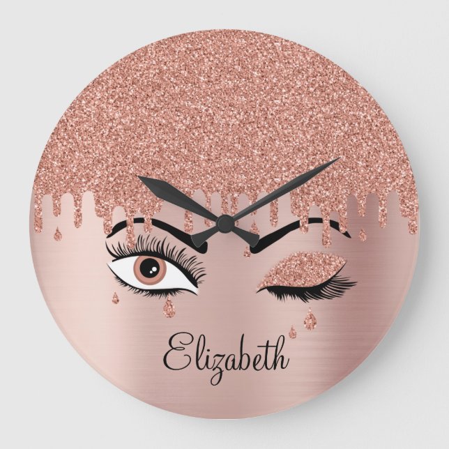 Rose Pink Gold Eyelashes Dripping Glitter Große Wanduhr (Vorderseite)