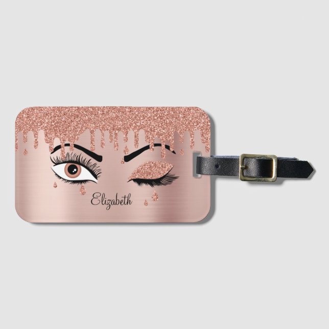 Rose Pink Gold Eyelashes Driving Glitzer Gepäckanhänger (Vorderseite (Horizontal))