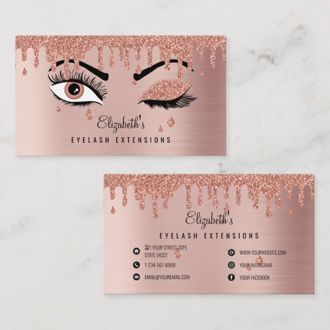 Rose Pink Gold Eyelashes Driving Glitzer Visitenkarte (Vorne/Hinten)