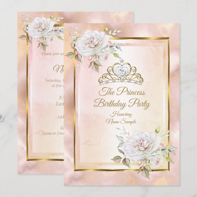 Rose Pink Gold Princess Invitation de fête d'anniv (Devant / Derrière)