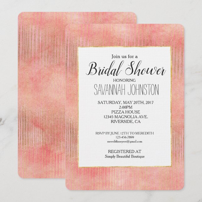 Rose Pink Gold Streifen Brautparty Einladung (Vorne/Hinten)
