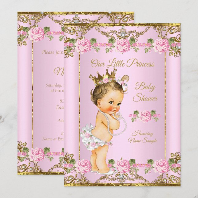Rose Pink Gold White Princess Kinderdusche Brünett Einladung (Vorne/Hinten)