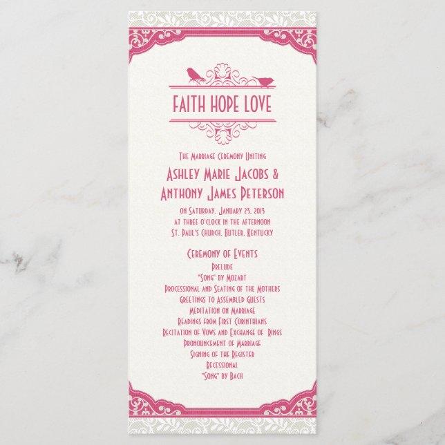 Rose Pink Ivory Lace Birds Hochzeitsprogramm Programm (Vorderseite)