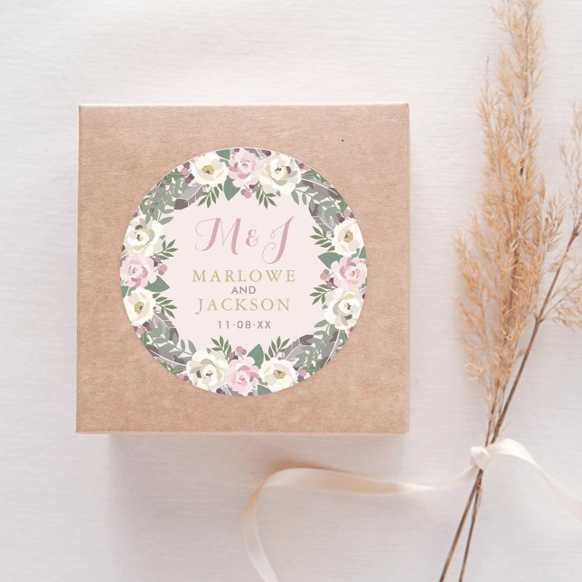 Rose Pink Moody Floral Boho Wedding Monogram Runder Aufkleber (Von Creator hochgeladen)