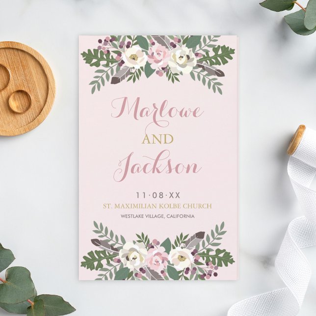 Rose Pink Moody Floral Boho Wedding Programme (Créateur téléchargé)
