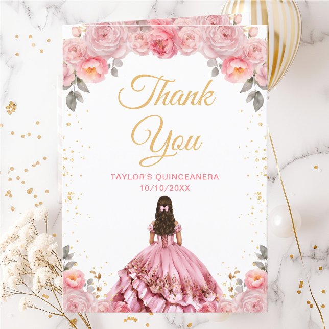 Rose Pink Prinzessin Floral Quinceñera Dankeskarte (Von Creator hochgeladen)