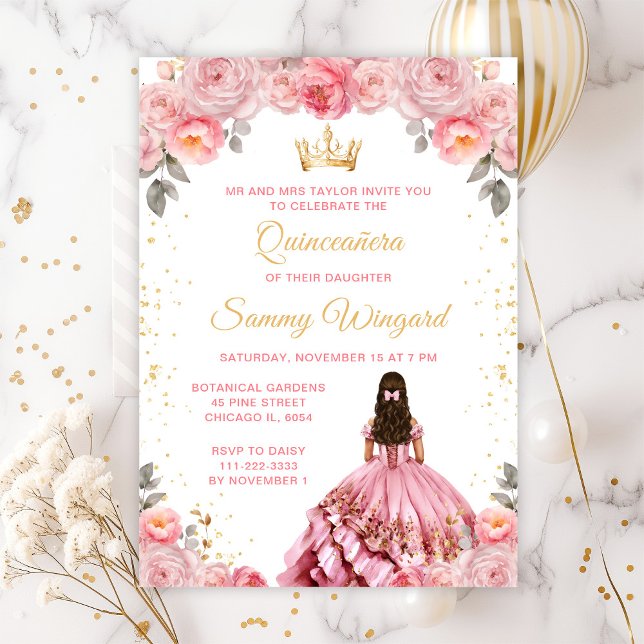 Rose Pink Prinzessin Floral Quinceñera Einladung (Von Creator hochgeladen)