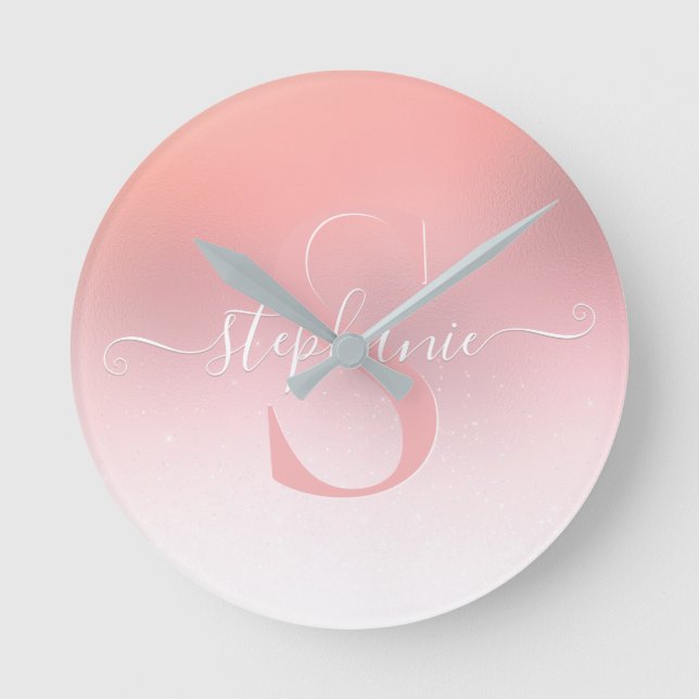 Rose Pink Shimmer Glitzer Sparkline Mit Monogramm Runde Wanduhr (Vorderseite)