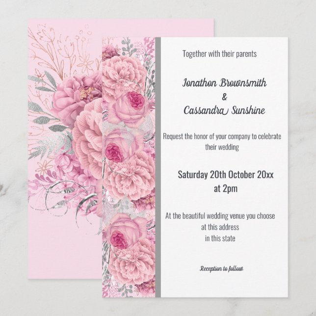 Rose PINK SILVER TRIM WEISSE WEDD Einladung (Vorne/Hinten)