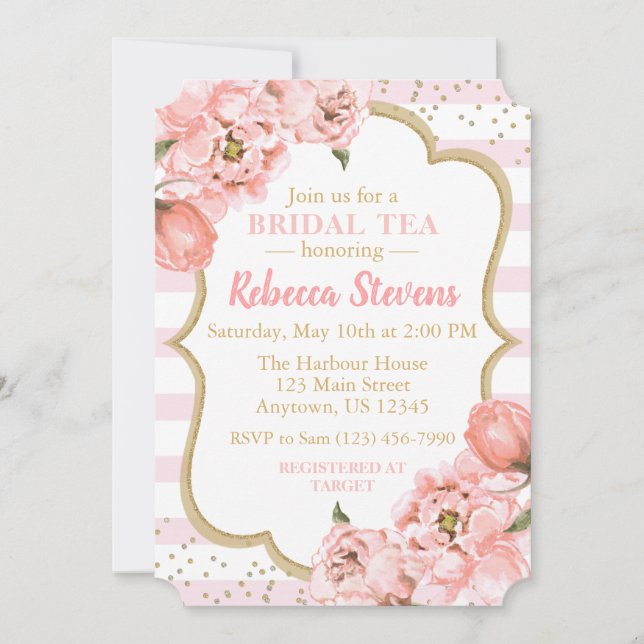 Rose Pink und Gold Bridal Tee Party Einladung (Vorderseite)