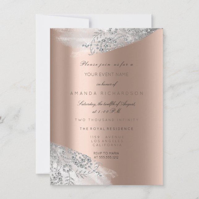Rose Pink White Sweet 16. Bridal Silver Gray Einladung (Vorderseite)