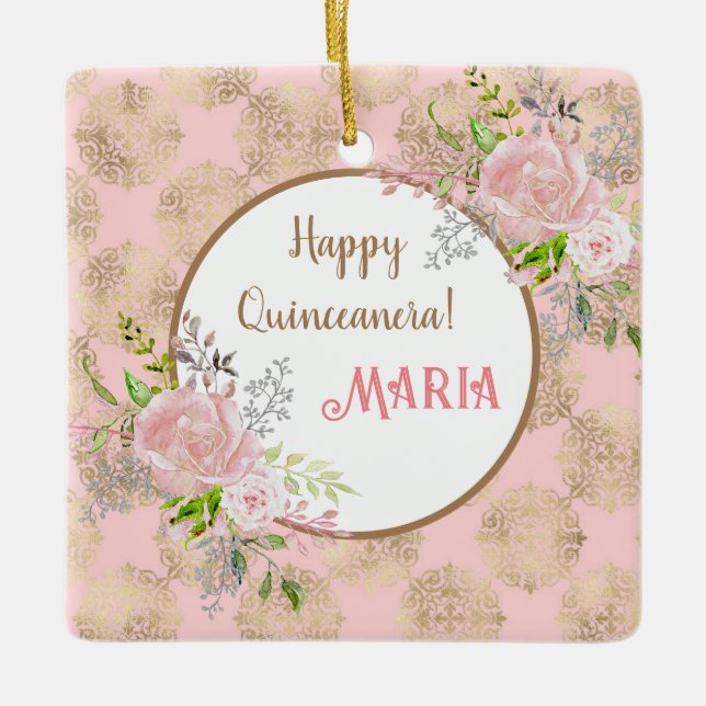 Rose Pinselstrich Quinceanera Keramikornament (Vorderseite)