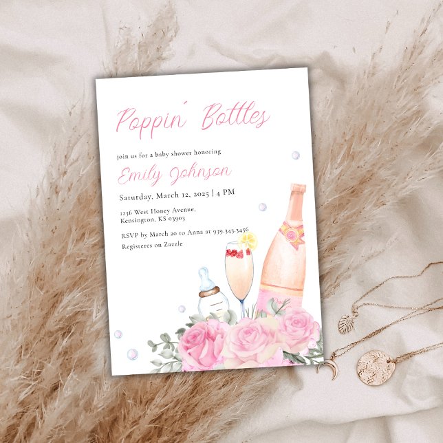 Rose Poppin Flaschen Champagne Girl Babydusche Einladung (Rose Poppin Bottles Champagne Girl Baby Shower Invitation)